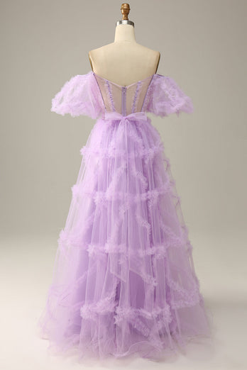 Purple Tulle Off The Shoulder Formal Dress
