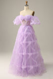 Purple Tulle Off The Shoulder Formal Dress