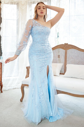 Mermaid One Shoulder Sky Blue Plus Size Formal Dress with Appliques