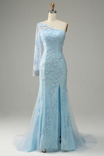 Sky Blue One Shoulder Mermaid Formal Dress With Appliques