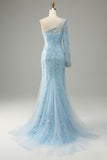 Sky Blue One Shoulder Mermaid Formal Dress With Appliques