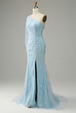 Sky Blue One Shoulder Mermaid Formal Dress With Appliques