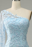 Sky Blue One Shoulder Mermaid Formal Dress With Appliques