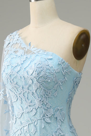 Sky Blue One Shoulder Mermaid Formal Dress With Appliques