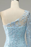 Sky Blue One Shoulder Mermaid Formal Dress With Appliques