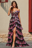 Princess A Line Off the Shoulder Black Pink Long Formal Dress with Tiered Lace