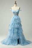 Princess A Line Off the Shoulder Blue Long Formal Dress with Appliques