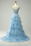 Princess A Line Off the Shoulder Blue Long Formal Dress with Appliques