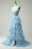 Princess A Line Off the Shoulder Blue Long Formal Dress with Appliques