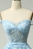 Princess A Line Off the Shoulder Blue Long Formal Dress with Appliques