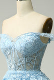 Princess A Line Off the Shoulder Blue Long Formal Dress with Appliques