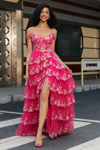 Trendy A Line Off the Shoulder Fuchsia Corset Formal Dress with Split Front