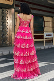 Trendy A Line Off the Shoulder Fuchsia Corset Formal Dress with Split Front