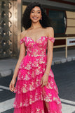 Trendy A Line Off the Shoulder Fuchsia Corset Formal Dress with Split Front