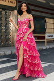 Trendy A Line Off the Shoulder Fuchsia Corset Formal Dress with Split Front