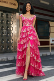 Trendy A Line Off the Shoulder Fuchsia Corset Formal Dress with Split Front