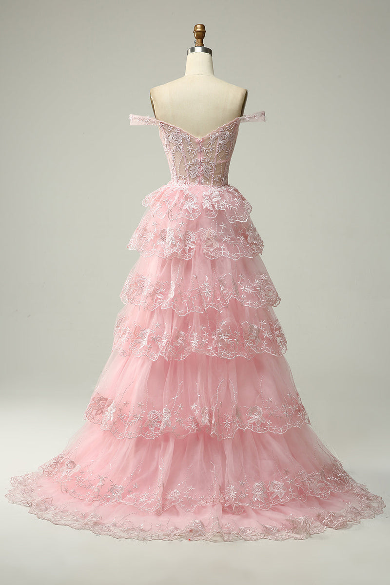 Load image into Gallery viewer, Princess A Line Off the Shoulder Pink Long Formal Dress with Appliques