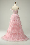 Princess A Line Off the Shoulder Pink Long Formal Dress with Appliques