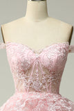 Princess A Line Off the Shoulder Pink Long Formal Dress with Appliques