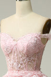 Princess A Line Off the Shoulder Pink Long Formal Dress with Appliques