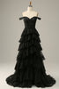Load image into Gallery viewer, Sparkly Black Pink Tiered Lace A-Line Long Formal Dress with Slit