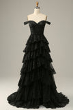 Sparkly Black Pink Tiered Lace A-Line Long Formal Dress with Slit