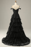 Long Off The Shoulder Black Tiered Formal Dress