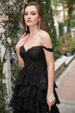 Long Off The Shoulder Black Tiered Formal Dress