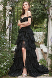 Long Off The Shoulder Black Tiered Formal Dress