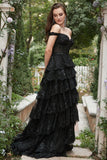 Long Off The Shoulder Black Tiered Formal Dress