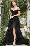 Long Off The Shoulder Black Tiered Formal Dress