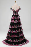 Sparkly Black Pink Tiered Lace A-Line Long Formal Dress with Slit