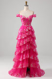 Princess A Line Off the Shoulder Black Pink Long Formal Dress with Tiered Lace