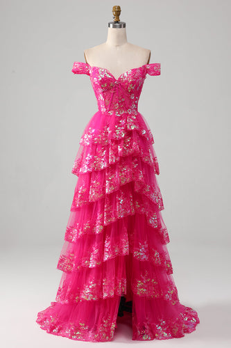 Off The Shoulder Fuchsia Formal Dress with Sequins