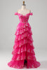 Load image into Gallery viewer, Sparkly Black Pink Tiered Lace A-Line Long Formal Dress with Slit