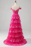 Off The Shoulder Fuchsia Formal Dress with Sequins