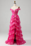 Off The Shoulder Fuchsia Formal Dress with Sequins