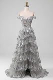 Off the Shoulder Grey Sparkly Tiered Formal Dress with Slit