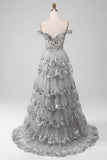 Off the Shoulder Grey Sparkly Tiered Formal Dress with Slit