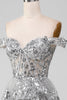 Load image into Gallery viewer, Off the Shoulder Grey Sparkly Tiered Formal Dress with Slit