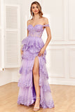 Off the Shoulder Purple Corset Formal Dress with Slit