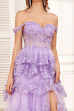 Off the Shoulder Purple Corset Formal Dress with Slit