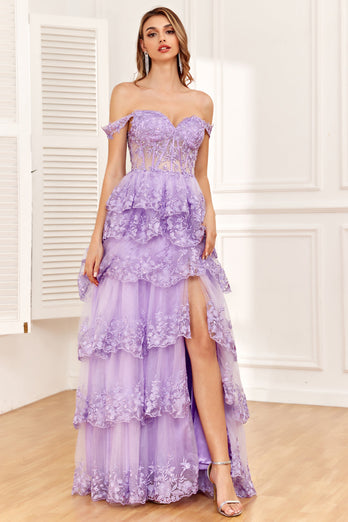Off the Shoulder Purple Corset Formal Dress with Slit