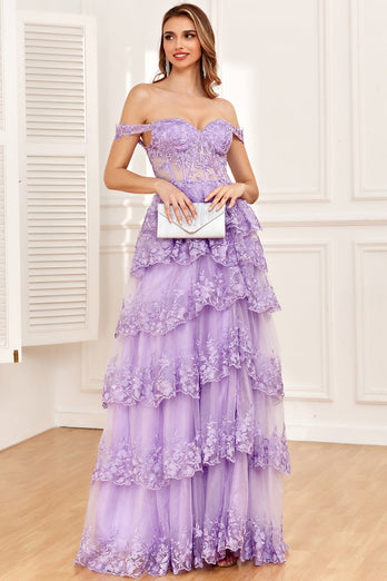 Off the Shoulder Purple Corset Formal Dress with Slit