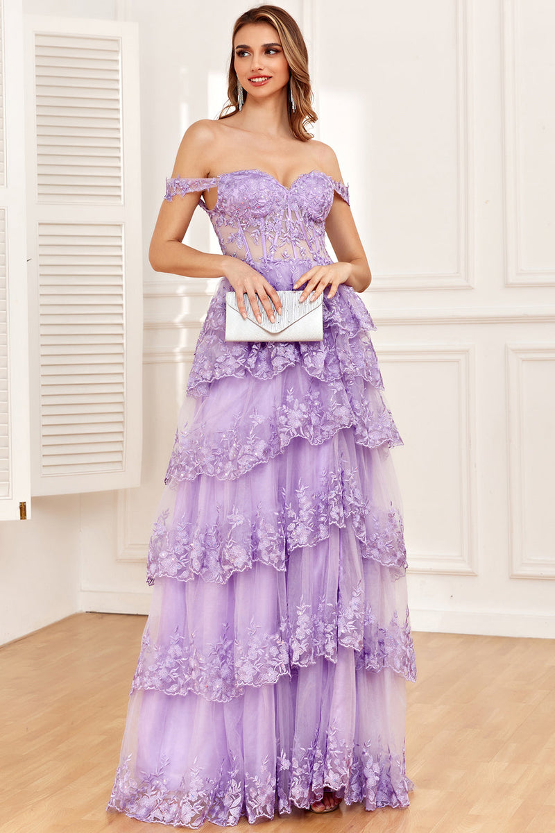 Load image into Gallery viewer, Off the Shoulder Purple Corset Formal Dress with Slit