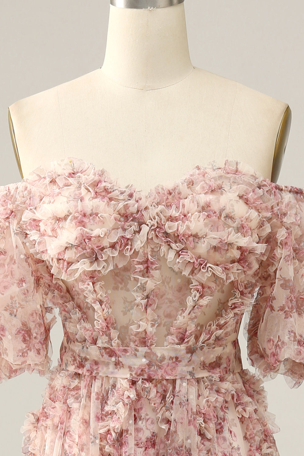 Ivory Red Flower Off The Shoulder Formal Dress
