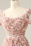 Ivory Red Flower Square Neck Formal Dress