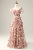 Ivory Red Flower Square Neck Formal Dress
