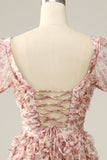 Ivory Red Flower Square Neck Formal Dress