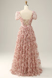 Ivory Red Flower Square Neck Formal Dress